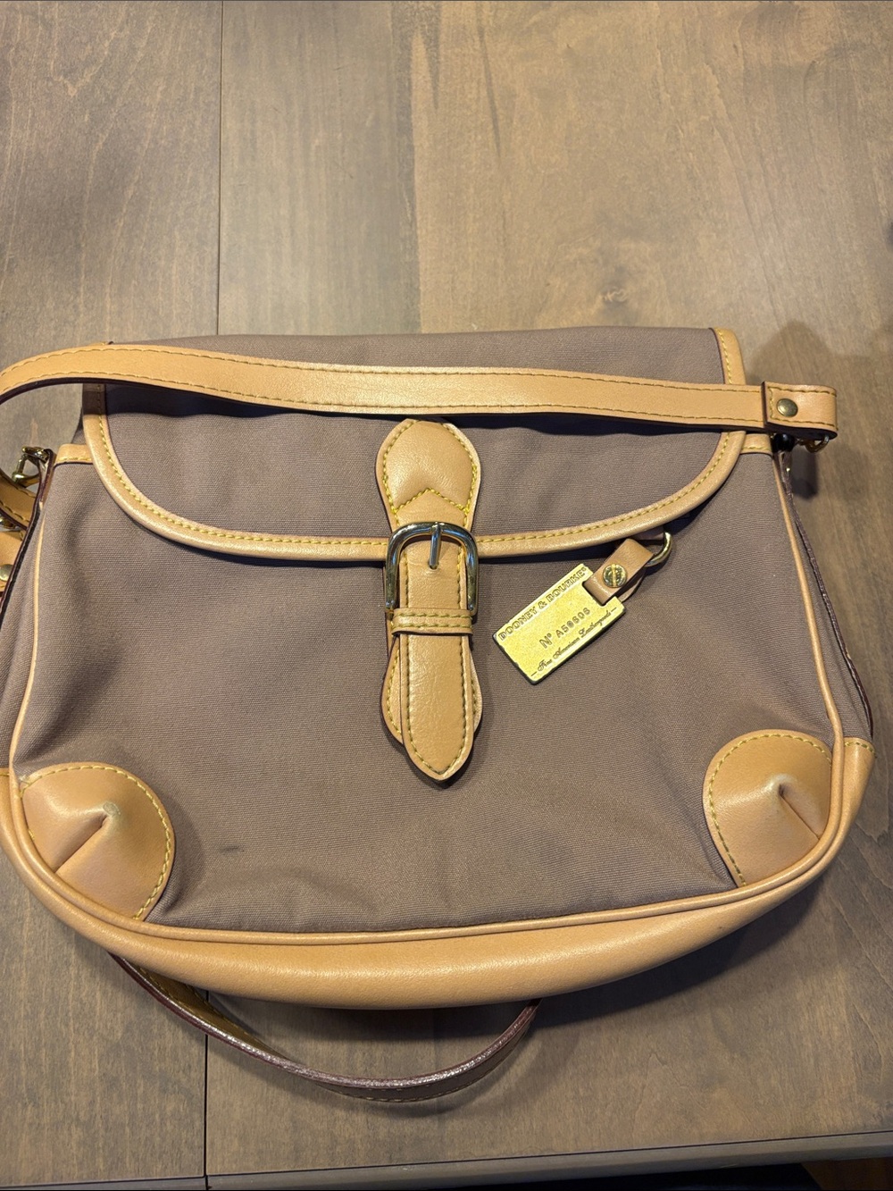 Vintage Dooney & Bourke Brown Shoulder Bag with Tan Leather Trim and Gold Tag